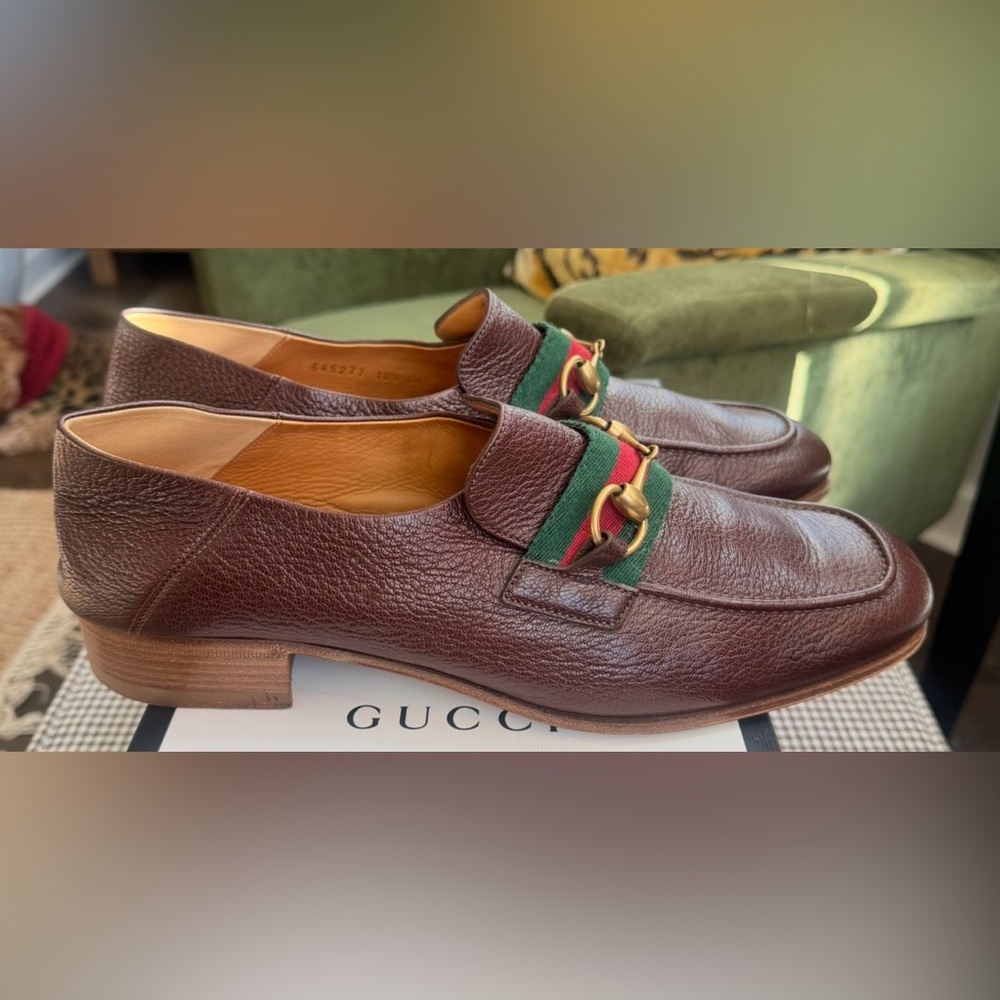 Gucci-Brown Leather Bonny Loafers-G/R/G Web,Gold HB & Collapsible Heel  10.5 - Picture 7 of 14